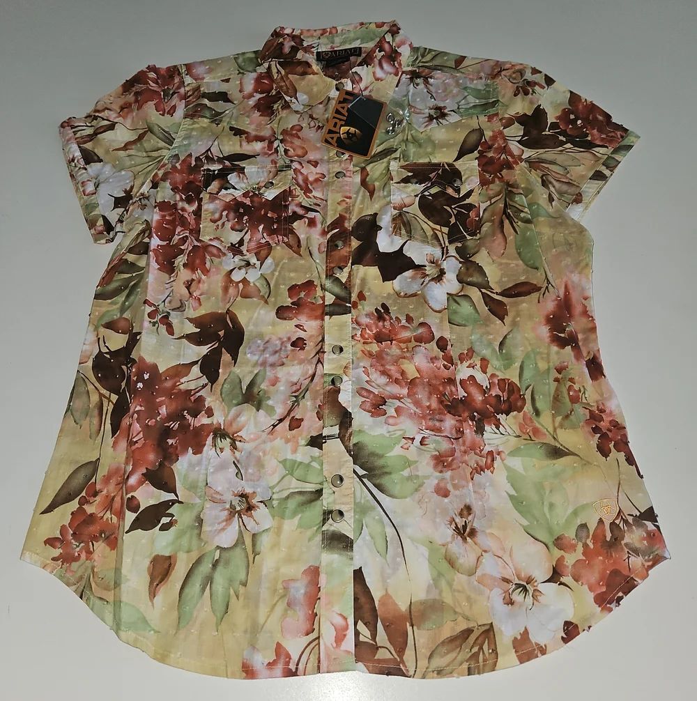 Ariat Floral Green, Brown, Pink Short-Sleeve Button-Up